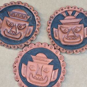 Leather Coaster Set of 3 | Characters AZTEC MAYAN INCA Heads  | Hand Tooled